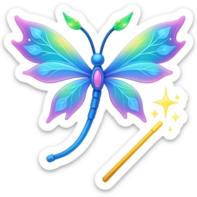 Add a magic wand to the neuron with colorful fairy wings in the style of apple emojis, keeping the apple emoji style exactly, no background. sticker