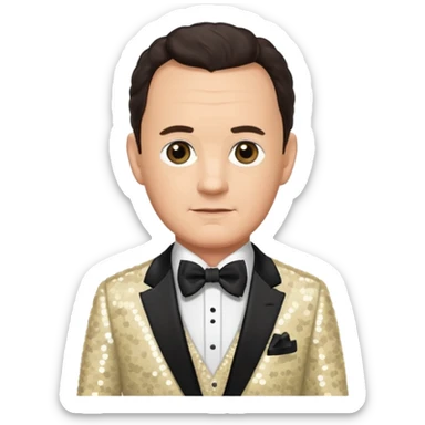 Tom Hanks with dark brown hair, cream sequin suit with bow tie sticker