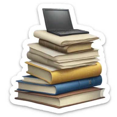 A pile of books, a pile of papers, a computer sticker