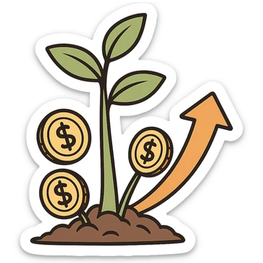 icon representing investment, a growing plant with coins and upward arrow sticker