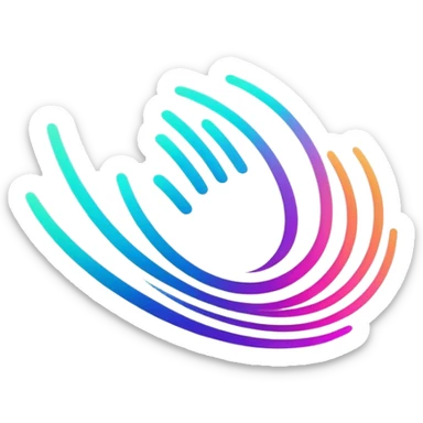 A futuristic abstract logo with curved dynamic lines resembling a subtle hand motion, glowing neon gradients, minimal and modern sticker
