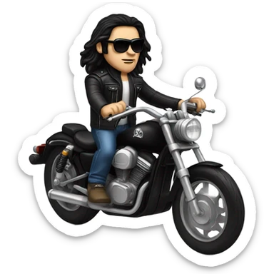 white man with long black hair wearing sunglasses riding a black motorcycle with ape hanger handle bars sticker