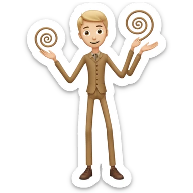 
Theo → “Thin Theo”

Aspetto Toon: Alto, esile, con un corpo filiforme quasi da marionetta. Il volto è sempre sorridente ma gli occhi sono due spirali ipnotiche. Cammina traballando come un cartone animato che sembra cadere ma non cade mai.
 sticker