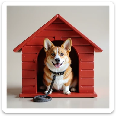 realistic red dog house with a Corgi dog inside, Corgi with a leash, photorealistic style sticker