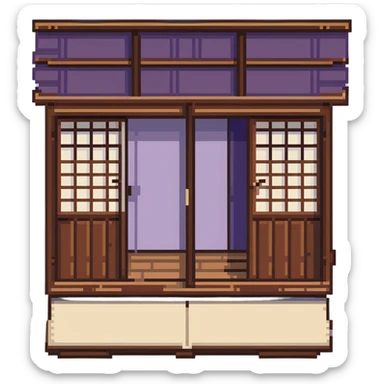 traditional Japanese house with wooden structure, sliding shoji doors, and tatami mat flooring sticker