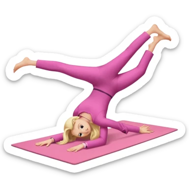 A fair-haired girl in a pink suit does a back bridge on a mat sticker