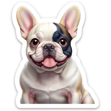 Cinematic Comical Pied French Bulldog Portrait Emoji, Head tilted with an exaggeratedly shocked, comical expression and wide, humorously expressive eyes, showcasing a distinctive pied fur of contrasting hues and a charmingly goofy face, simplified yet hilariously detailed, glowing with a sassy, playful radiance, high shine, exuding a mischievous and meme-worthy charm, styled with a soft glowing outline, capturing the essence of a Pied French Bulldog that looks ready to spark a viral laugh! sticker