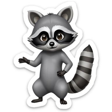 Cinematic-Raccoon-Realistic-hunched Full-Body-Standing on all fours-Emoji – Tail flicking lazily, head tilted dramatically, thick grey fur with a signature black mask, sharp and alert ears, simplified yet realistic focused features, highly detailed, glowing with an almost sarcastic glow. sticker