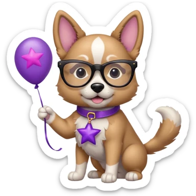 dog holding purple star balloon in hand with black glasses close view  sticker