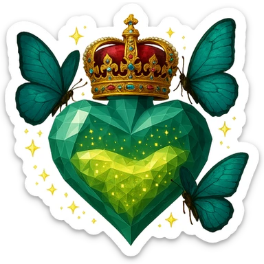 Change the crown on top of the diamond heart bottle to a more intricate, luxurious, and elegant royal crown with detailed decorations and gemstones. Keep the rest of the bottle the same: diamond heart shape, #c0ff53 glitter liquid inside, two butterflies, magical sparkling dust, and transparent background. Maintain the style and magical essence of the original image. sticker