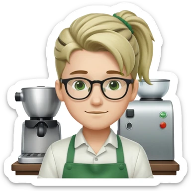 cute white barista boy with glasses green apron and pony tail sticker
