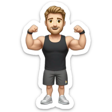 Full height realistic Actively gesturing with hands Pale skinned Fit Man With the biceps and brown hair in dark gray Sleeveless Mike, black oversize sports shorts, watch and white Sneakers sticker