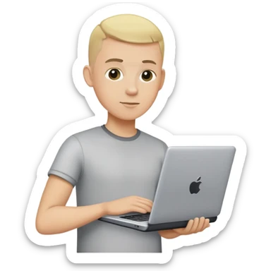 blonde male buzzcut holding a laptop sticker
