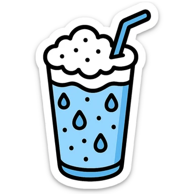 detailed Ayran icon, glass with white frothy beverage, blue straw, droplets on glass, realistic lighting, color outline style sticker