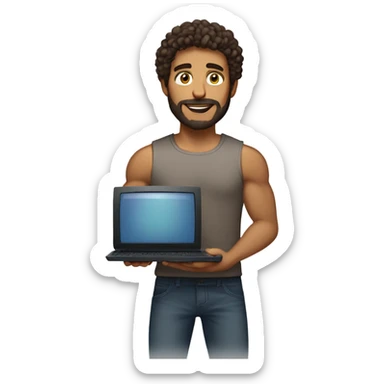 men carrying a computer in his hands. light brown skin men with curly dark brown hair, brown eyes, little grown beard. imposing, bit muscular build. dressed casual. sticker
