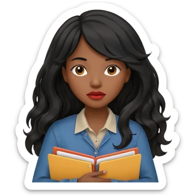 A young woman with long black hair, a wavy frange falling on half of her head. She's black, medium to dark skinned with thick lips. She's holding folders, because she's a CEO, but she's wearing casual clothes. sticker