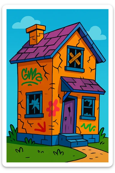 shabby house, vibrant toon style, exaggeratedly run-down, colorful graffiti sticker