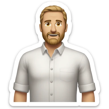 middle aged english man, short slicked back hair dark blonde, dark blonde medium length size full beard, wearing only a plain white smart shirt unbuttoned. sticker