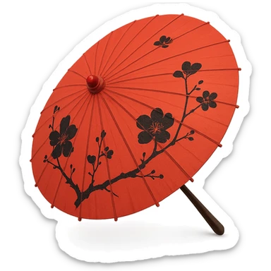 red Chinese parasol with black flowers, side view, delicate black flower accents, traditional style sticker