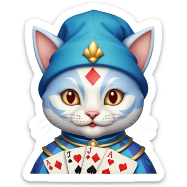 crazy colorful cute little cat jolly joker from poker, medieval, vintage, court jester, mac os icon, blue color, holds poker cards sticker