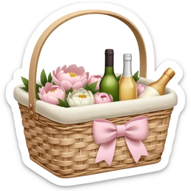 White Picnic basket with light pink bow and white peonies inside sticker