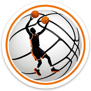 Ultimate minimal basketball silhouette, orange circle with only essential black lines, tiny NBA Spalding mark, iOS emoji style sticker