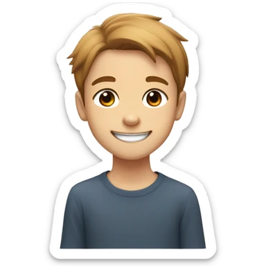 Light brown hairs boy with brown eyes and wide brows 12 years smiling with dog shiba inu  sticker