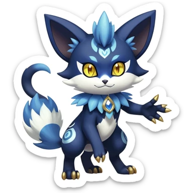 Shiny Exotic Badass Colorful Ethereal Royal Mysterious Gothic Meowstic-Zorua-Litten-Noibat-Pokémon-Fakémon-hybrid-creature (full body) with pattern-markings with golden eyes sticker
