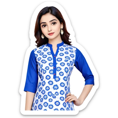 Modern blue women's kurti with white floral prints sticker