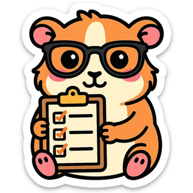 Make the guinea pig match the original reference with the same face and glasses style, but holding a clipboard or checklist to represent assignments, in a cute, outlined, colorful style. sticker