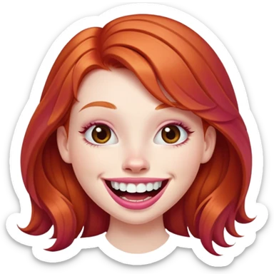 Young girl with pale skin, full pink lips smiling with big teeth, ginger red hair (very long), bigger nose, deep brown eyes (less green), big mouth sticker
