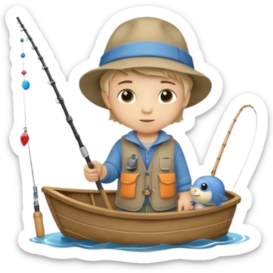 Little boy on a little boat fishing, felt texture, scrapbooking, precious moments style character sticker