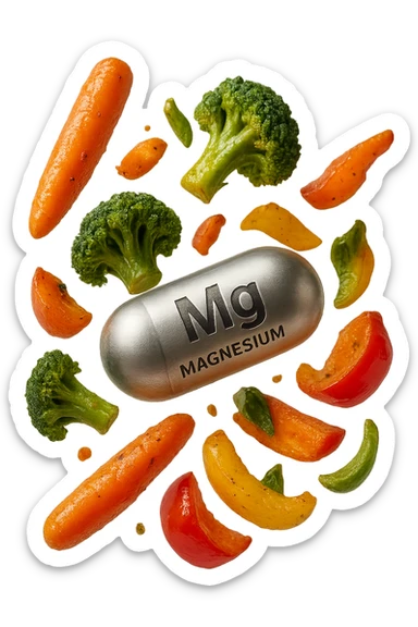 BOCCETTA DI MAGNESIO E VERDURE COTTE FLUTTUANO IN ARIA, IPERREALISTICA 4K sticker