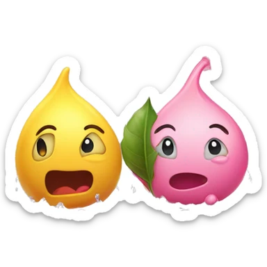 Two adorable, water drop emoji-like figures with emoji head, a yellow one with green leaves a pink one with red leaves, hog standing on a wet surface, with their r sticker