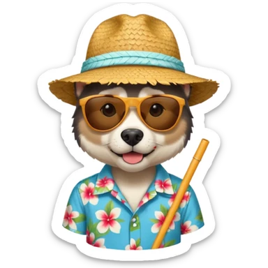 hasky with sunglasses and straw hat, hawaii shirt sticker