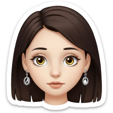Chica con pelo medio largo y castaño oscuro, piel blanca, ojos hazel y pestañas largas, un piercing septum redondo pequeño  sticker