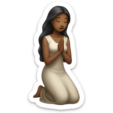 A woman kneeling praying, in a long dress, long dark brown hair sticker