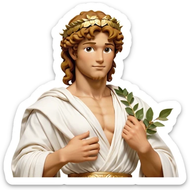 Cinematic Realistic Hercules Portrait, head tilted playfully and inquisitively, showcasing a blend of legendary power and youthful charm with the refined features of Michelangelo's David. His light tan, sculpted skin and thick, curly, golden brown hair—styled with wild majesty—evoke the spirit of the lion-wrestling Hercules. Clad in a softly draped white robe with subtle golden details and adorned with a Greek laurel wreath, his expressive eyes and warm smile capture an approachable yet formidable hero, bathed in gentle natural lighting. sticker