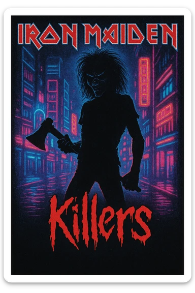 Iron Maiden 'Killers' inspired, Eddie silhouette with axe, neon city lights, retro 80s metal poster style sticker