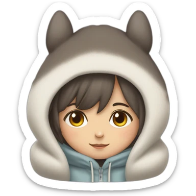 Fille Brune avec un sweat-capuche Totoro avec les couleurs de Totoro sur ventre  sticker