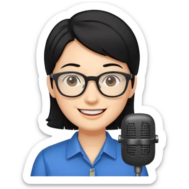 Un locutor de radio, pelo negro, con gafas, sticker