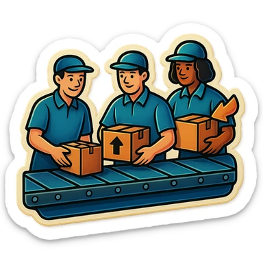 Картинка конвейерной ленты, по ней едут коробки, люди сортируют коробки в разные стороны, не обрезай края обводки sticker