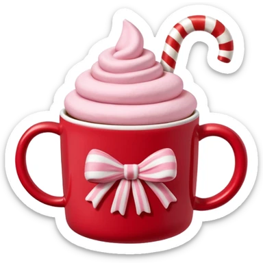 hot chocolete with pastel pink marshmallows in red christmas mug and candy cane, trendy aesthetic sticker