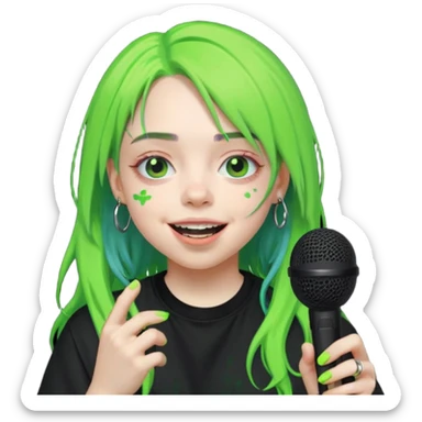 billie eilish is singing, holding mirco and smile, die hair neon lime sticker