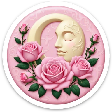 A round pink button with a light cream full damask moon and pink roses in the center sticker