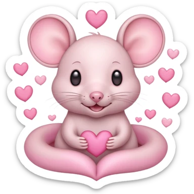 pastel cream cartoon mouse with large, round, pink-lined ears. The mouse has heart eyes, a small open mouth, and is surrounded by floating pink hearts, conveying a feeling of love, adoration, or strong affection. sticker