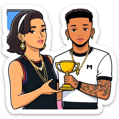Internet celebrity Josh King Madrid jetset wearing shiny diamond earrings and sparkly iced out diamond tennis necklace chains with Instagram model girl tefi valenzuela sitting with him holding gold internet celebrity trophy on tv show in Miami sticker