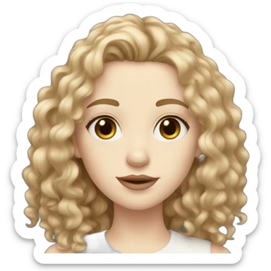 pale skin, long curly dark blonde hair, brown small eyes, full lips sticker