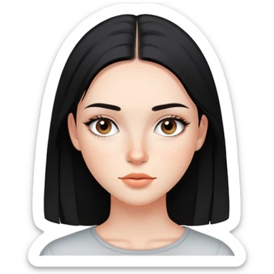 young woman with sleek black straight hair, natural makeup, and freckles across cheeks sticker