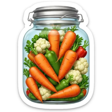 A mix jar of carrots, peppers, and cauliflower tightly sealed with a silver lid








 sticker